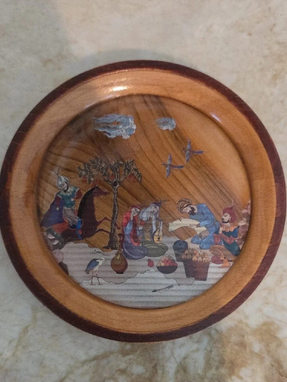 Hand-Painted Persian Wooden Wall Plate in Brown with Folk Scene